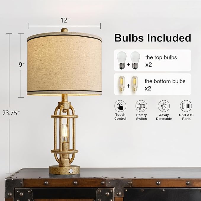 23.75'' Table Lamps Set of 2 for Living Room Bedroom Industrial Farmhouse Metal Touch Lamps with USB A+C Ports, Night Light Vintage Nightstand Bedside Lamp, Bulbs Included, Champagne Gold