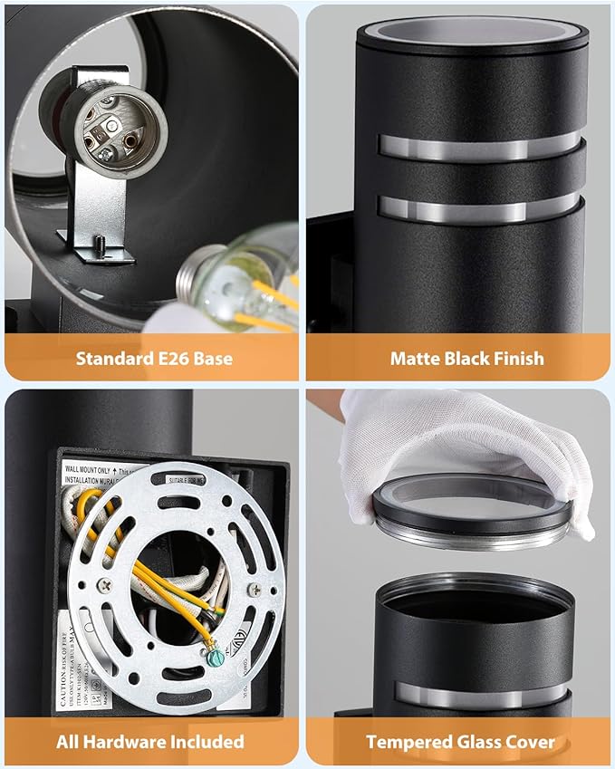SHIMR Modern Outdoor Wall Lights Dusk to Dawn, Aluminum Outdoor Light Fixture with LED Bulbs, Black Cylinder Outdoor Sconce Up and Down Outside Lights for House Porch Garage, ETL Listed