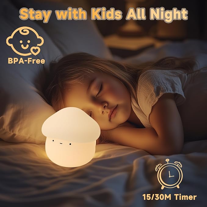 Mushroom Night Light for Kids, Cute Silicone Mushroom Lamp with Timer, 2 Levels Dimmable Squishy Night Light for Baby Nursery, Rechargeable Touch Night Light Mushroom Gifts for Boys and Girls (White)