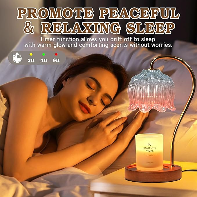Dimmable Candle Warmer Lamp with Timer, Electric Candle Warmer Lamp, Women Birthday Gifts, Flower Candle Lamp Warmer for Family, Pink Blue Fragrance Candle Lamp for Modern Office Desk Decor