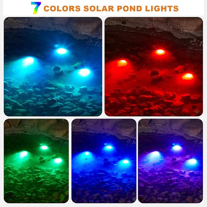 RGB Color Changing LED Underwater Lights with 2 Modes, Solar Submersible Fountain Lights IP68 Waterproof, Landscape SpotLights for Pond Waterfall Fountain Pool (3 in 1)