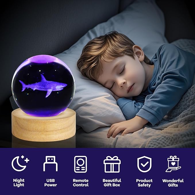 3D Crystal Ball Night Light 2.4in Shark Figurines Decor Table Lamp With 16 Colors Change - Stuff for Room Birthday Christmas Toys Gifts for Kids Friends Women Shark Lovers