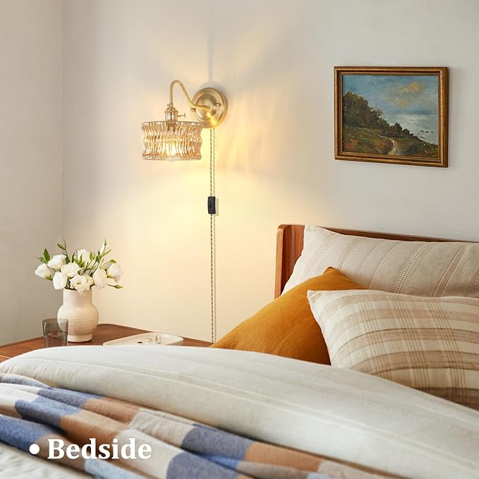 Plug in Wall Sconce Set of 2, Gold Vintage Wall Lights with Amber Ripple Glass Shade, Indoor Brass Corded Wall Lamp Fixture for Bedroom Living Room Bathroom Hallway