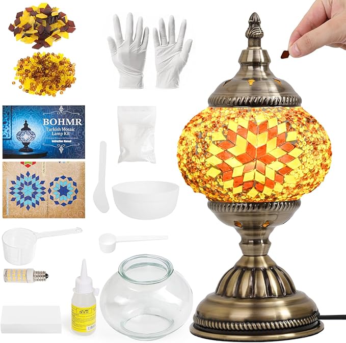 DIY Turkish Mosaic Lamp Kit, Stained Glass Table Lamp Making Kit- Easy and Fun, No Experience Needed, Mosaic Art & Craft Project Kits for Adults & Teens, Make Your Own Table Lamp,Brown & Amber
