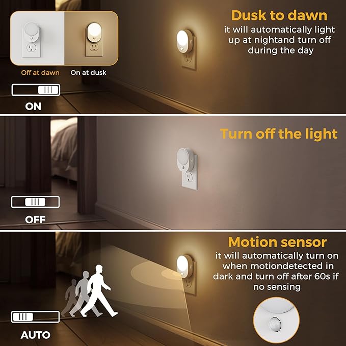 L LOHAS LED Motion Sensor Night Light,[2-PACK] Night Lights Plug into Wall,Motion Sensor and Dusk to Dawn Sensor,3000K Soft White,30/60/100lm Brightness Dimmable,Nightlight for Bathroom Hallway