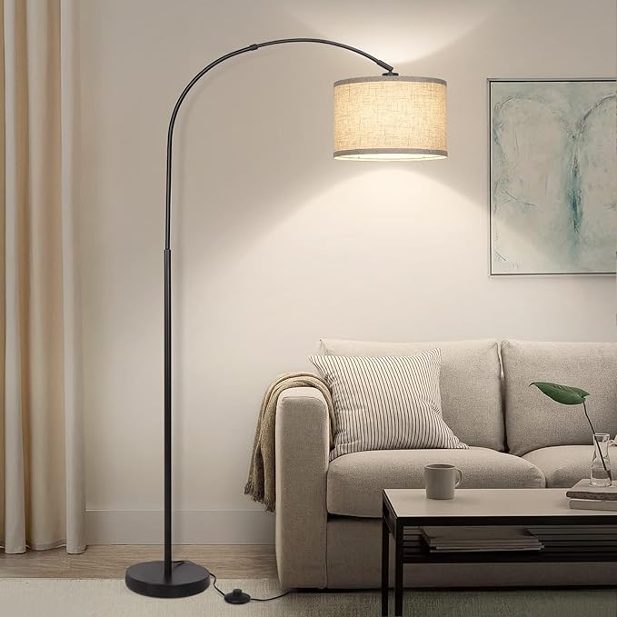 Seaside village Arc Floor Lamps for Living Room, Modern Standing Lamp with Adjustable Hanging Drum Shade, Tall Pole Lamp with Foot Switch, Over Couch Arched Reading Light for Bedroom, Office (Black)