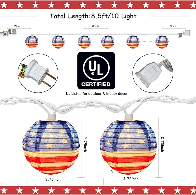 8.5Ft American Flag Lanterns String Lights Outdoor, 4th of July Decorations with 10 Nylon Mini Lanterns, Connectable Plug-in Red White Blue Lights for Independence Day Memorial Patriotic Party