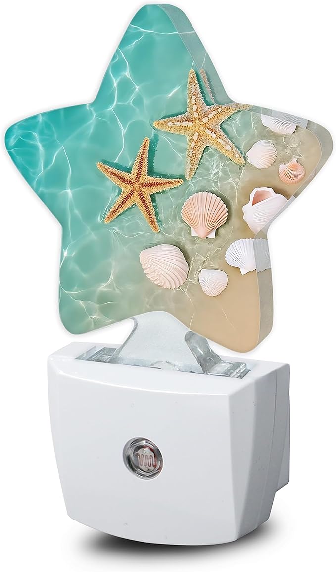 Night Light,Beach Starfish Shell Plug into Wall with Dusk to Dawn Light Sensors,Coastal Summer Warm Star Nightlights for Bedroom,Bathroom,Hallway,Kitchen Home Decor Desk Lamp
