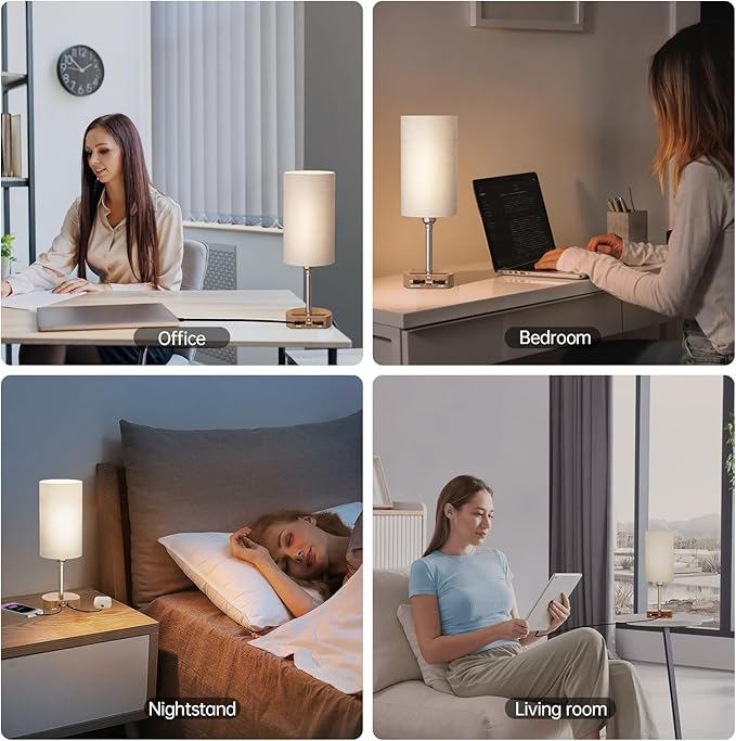 Bedside Table Lamps Set of 2, Desk Lamp with Charging Station 74W【2 * 3.94ft Retractable Cords & 2 USB Ports】, 3 Way Dimmable Touch Lamps for Nightstand (Grey-Wood Grain Set of 2)