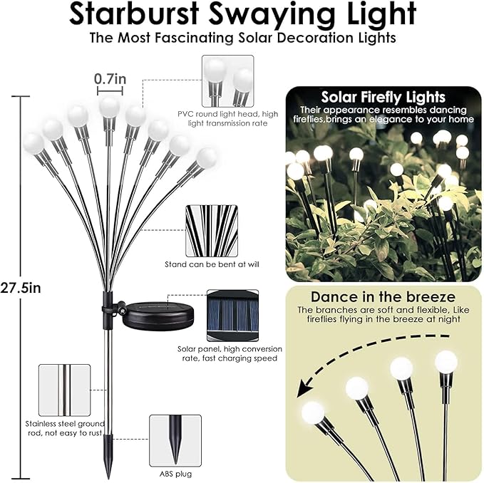 OZS 6 Pack Total 48 LED Solar Garden Lights Fairy Outdoor - Solar Firefly Lights Outdoor, Sway by Wind, Waterproof for Garden Patio Pathway Fairy Decoration (Cold White)