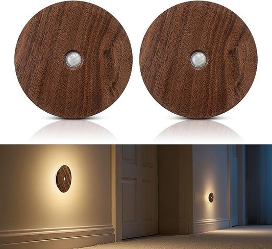 Motion Sensor Night Light Wood Rechargeable Battery-Powered Stick-On Step Lights Magnetic Closet Warm Nightlight for Hallway Bedroom Stair (2 Pack Black Walnut)