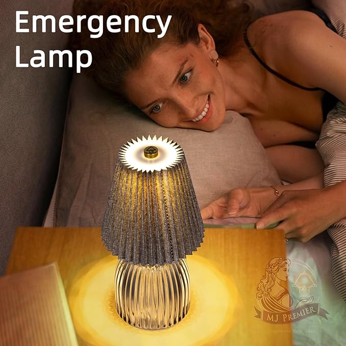 MJ PREMIER Small Battery Operated Lamp Cordless Lamp with Timer Pleated Lamps for Shelf Decor 8.7 inch High Battery Powered Lamps Emergency Light with Glass Base for Bathroom Livingroom Grey