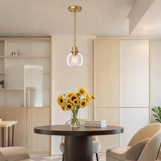 Ralbay Brushed Gold Pendant Light 2-Pack, Farmhouse Pendant Light Fixtures with Globe Clear Glass Shade, Kitchen Island Lighting for Dining Room, Rustic Adjustable Hanging Lighting Fixture