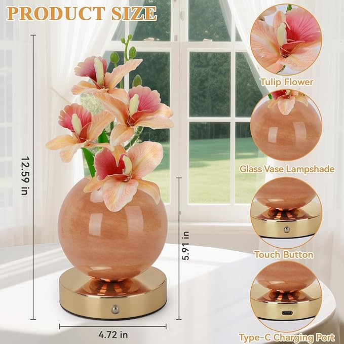 Flower Table Lamp, 3 Colors Orchid Night Light, Cordless Touch Dimming Artificial Flower with Vase Lamp, LED Desktop Decorative Landscape Lights for Festival Party Home Decor (Champagne Orchid)