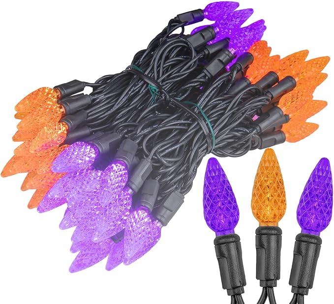 ‎‎‎Novelty Lights 24FT 70 LED C6 LED Halloween String Lights, Outdoor Christmas Tree Commercial Grade LED String Lights, Christmas Lights Outdoor Tree Decorations Outdoor (Purple/Orange)