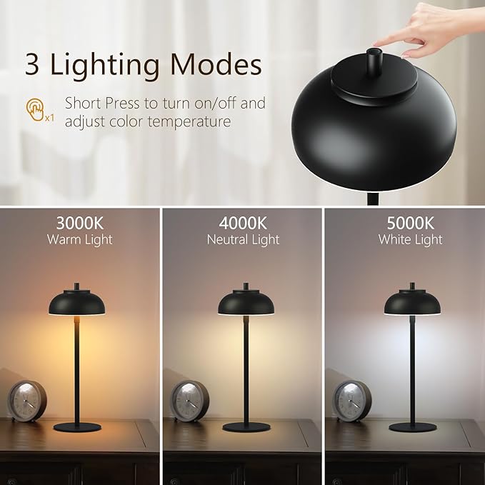 Cordless Table Lamps Rechargeable - 5000mAh Battery Operated Table Lamp, 3 Color Stepless Dimming Portable LED Table Light for Restaurant/Bedroom/Bars/Cafe/Outdoor/Camping(Black 2 Pack)