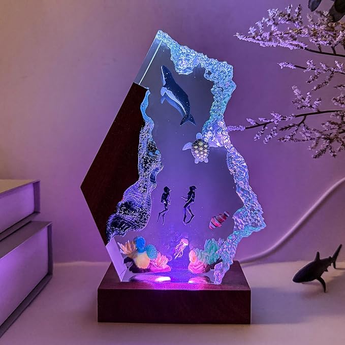 Humpback Whale Ocean Resin Lamp, Handmade Table Relaxing Mood Lamp with USB Port, Art Ornaments for Home Office Decor, Scuba Diver Gift for Birthday Holiday, Valentine's Day Gifts for Husband