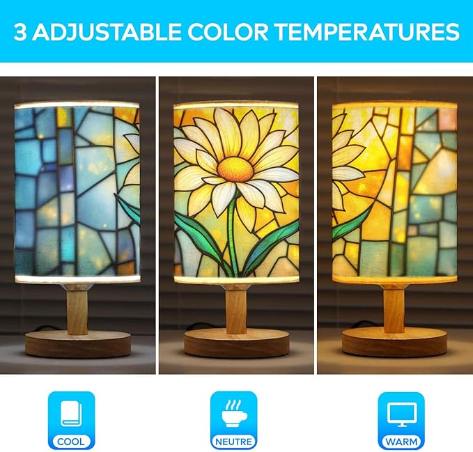 Daisy Table Lamp LED 3-Color Pressed Bedside, Daisy Shade Lamp with Wood Base for Bedroom Living Room Desk Office TL01