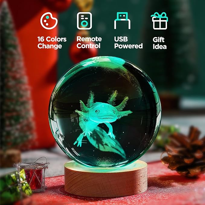 3D Axolotl Crystal Ball Night Light with LED Wooden Base Upgraded 3.15 Inch Glass Ball Lamps with 16 Color and Remote for Birthday Christmas, Cool Axolotl Toy Decor Gifts for Boys Girls Kids