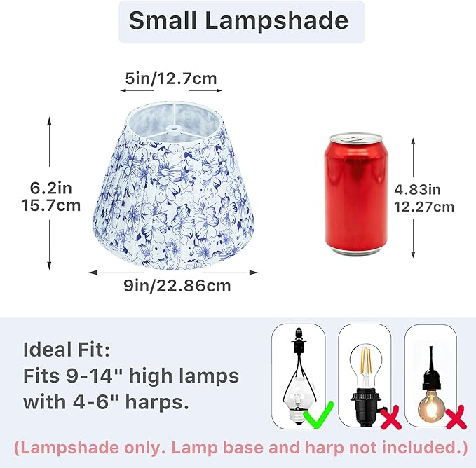 Small Blue Floral Lamp Shade for Bedside & Desk Lamps (1 Pack), 5x9x6.2 Inch Empire Pleated Lampshade, Cloth Lampshade with Spider Fitter, No Assembly, Ideal for Country, Vintage & Coastal Home Decor