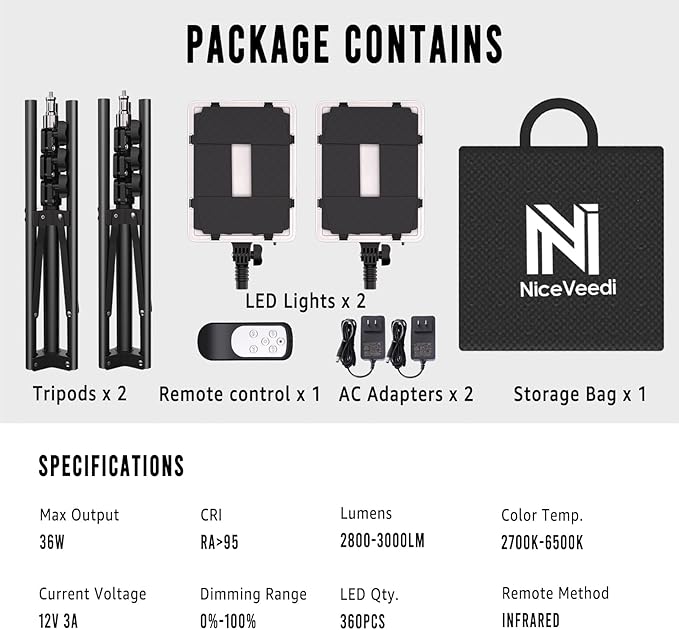 NiceVeedi 2-Pack Photography Lighting Kit, 36W Bi-Color Studio Lights 2700-6500K CRI 95+, Dimmable LED Video Light Kit with Remote Control & 72” Tripod Stand, Lighting for Video Recording/Photography