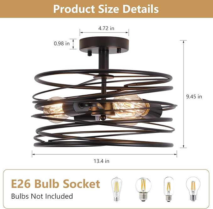 Black 3-Light Rustic Drum Semi Flush Ceiling Light Fixture, Retro Farmhouse Chandeliers Metal Cage for Dining Room, Industrial Pendant Light Fixture for Entryway Kitchen Foyer Bedroom