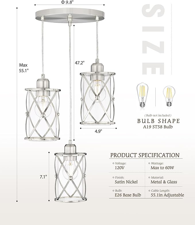 Brushed Nickel Dining Room Chandelier Light Fixture, 3-Light Pendant Lighting with Clear Glass, Modern Kitchen Island Cluster Hanging Pendant Lights for Sink, CH9176BN3