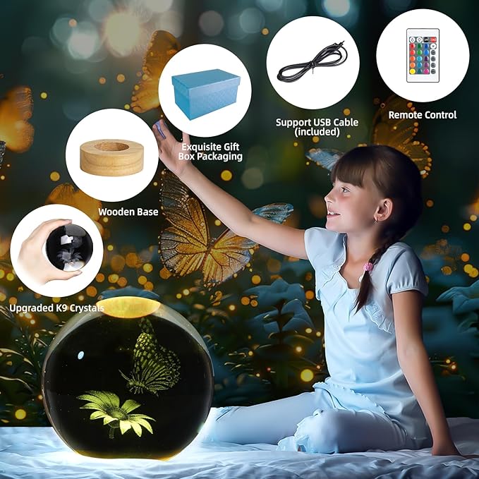3D Butterfly Crystal Ball Night Light, Upgraded 3.15 Inch Glass Ball Lamp with 16 Color LED Wooden Base, Butterfly Lamp Bedroom Decor Birthday Christmas Butterfly Gifts for Kids Friends