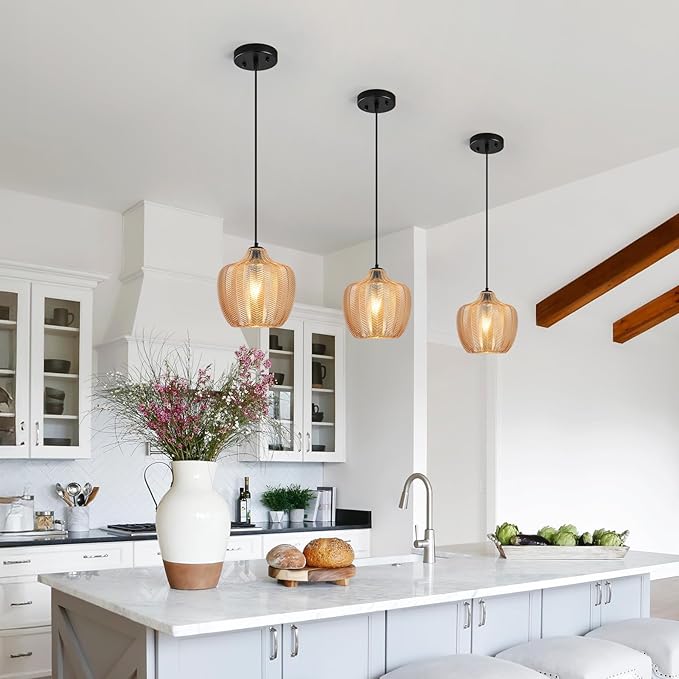 Amber Glass Pendant Lights Kitchen Island 1 Light 9.25 in Glass Globe Pendant Light Fixture Adjustable Modern Farmhouse Pendant Lighting for Bedroom Dining Room (1 Pack)