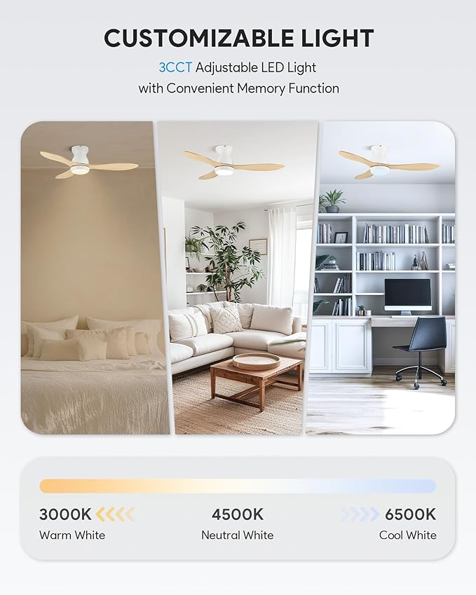 VONLUCE Ceiling Fans with Lights, 42 Inch Ceiling Fan and Remote, 6-Speeds Noiseless Reversible DC Motor, 3CCT, Wood Ceiling Fan for Farmhouse Bedroom Indoor Outdoor, White