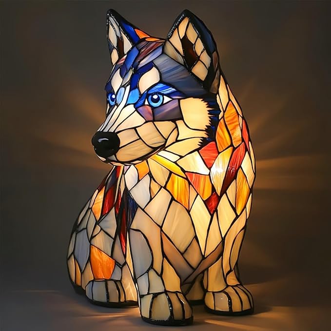 Rainbow Puppy Lamp Stained Glass Dog Night Light 3D Retro Stained Resin Rainbow Pup Lights Charge Powered Table Lamp Puppy Glow Lamps for Home Bedroom Desk (I-1)
