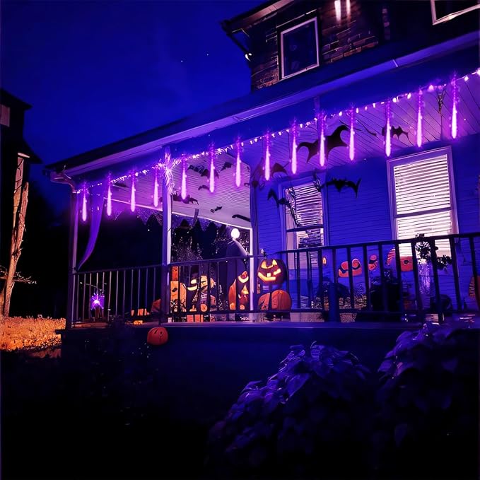 Halloween Lights Outdoor, Meteor Shower Lights 12 inch 8 Tubes Icicle Fairy String Lights for Halloween Christmas Decorations Tree Party Yard Outdoor, UL Plug, Purple