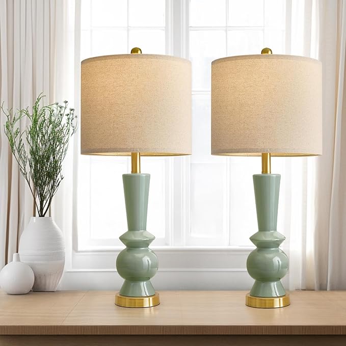 PORTRES 27" Modern Ceramic Table Lamp Set of 2 for Living Room Green & Gold Bedside Lamps for Bedroom Nightstand Lamp Tall End Table Lamps