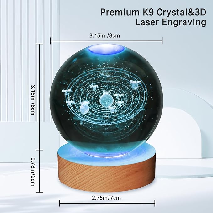 3D Solar System Crystal Ball Lamp,3.15inch Multi-Color Changing Bedroom Decor Night Lights,Christmas Birthday Gifts for Boys, Girls