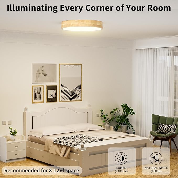 Led Ceiling Light Flush Mount: 12 Inch 24W Wood Bedroom Light Fixture with Round Modern Flat Overhead Minimalist Ceiling Lamps for Kitchen Hallway Laundry Natural White 4500K, Not Dimmable