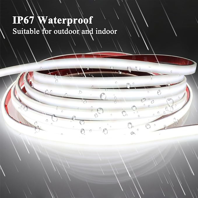COB LED Strip Lights Waterproof IP67 White 6000K DC12V 16.4ft/5m 480LEDs/m CRI94 Dotless LED Rope Lights for Living Room Cabinets Outdoor DIY Lighting