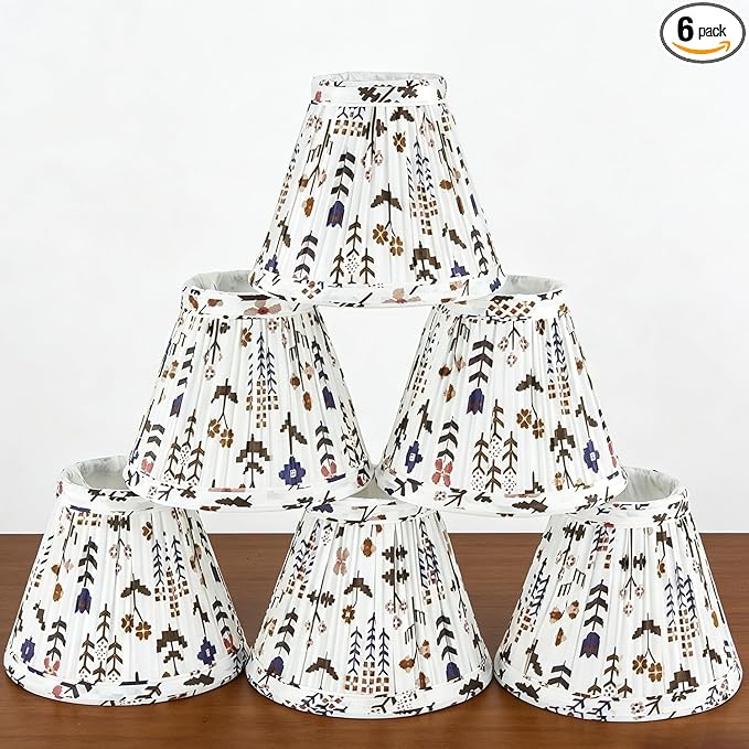 Chandelier Shades Set of 6,Mini Lamp Shade 3" Top x 6" Bottom x5" Slant,Small Lamp Shades Clip On Bulb,Pleated Chandelier Lamp Shades,Fabric Lampshades That Attach to The Bulb(White Floral)