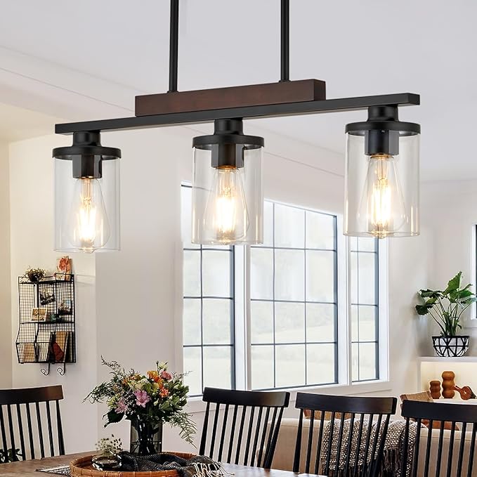 Wood Island Light for Kitchen/Restaurant,3-Light Farmhouse Dining Room Fixture/Chandelier Over Table/Bar,Matte Black Industrial Linear Pendant Lighting Fixtures Ceiling Hanging with Glass Shade-E26