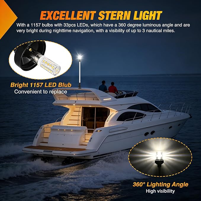 Nilight Marine Boat Stern Light 24Inch White Fold Down Anchor Lights 12V 24V Waterproof 360° Lighting Navigation Lamp for Fishing Ship Sailboat Yacht Pontoon Speedboat Dinghy