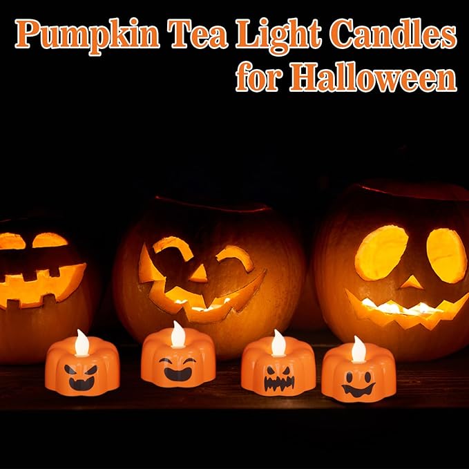 GenSwin Halloween Pumpkin Flameless Candles Lights with 6H Timer, 6 Pcs LED Flickering Tealights Candles Battery Operated, Ghost Face Tea Lights Candles for Fall Halloween Decoration (1.9” x 1.6”)