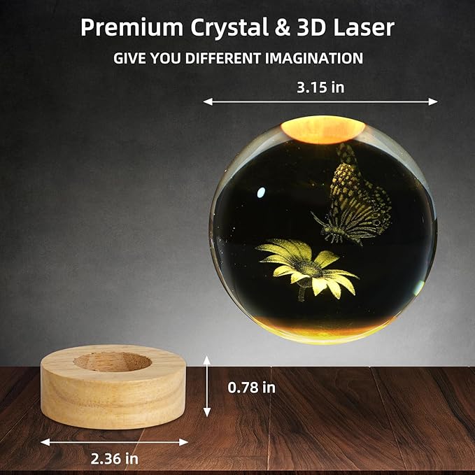 3D Butterfly Crystal Ball Night Light, Upgraded 3.15 Inch Glass Ball Lamp with 16 Color LED Wooden Base, Butterfly Lamp Bedroom Decor Birthday Christmas Butterfly Gifts for Kids Friends