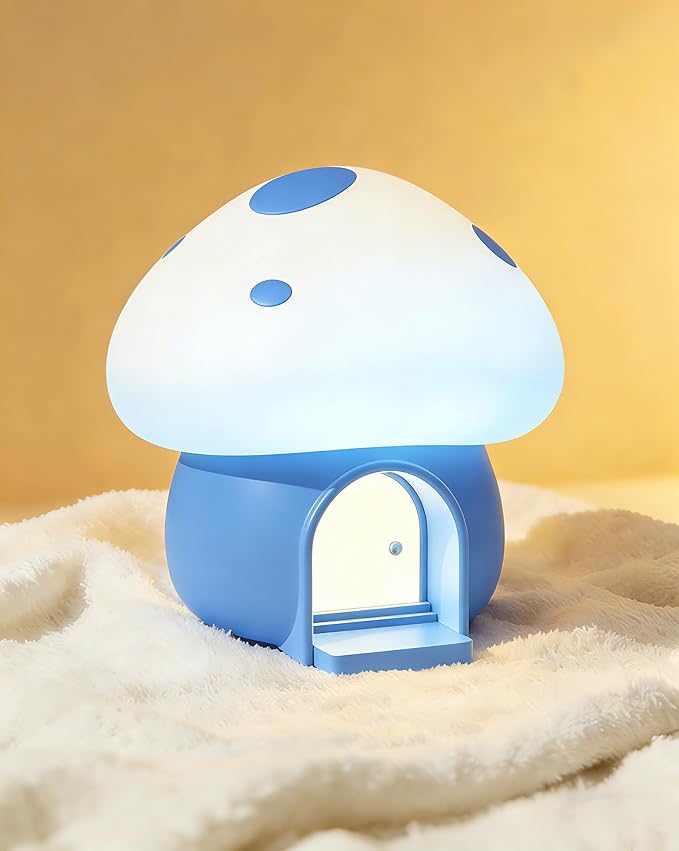 Kids Night Light, Kawaii Bunny Mushroom House Silicone Night Light with Tap Control, 3-Step Dimmable, 30/60 Min Auto-Off Timer, Rechargeable Bedside Nursery Lamp (Blue)