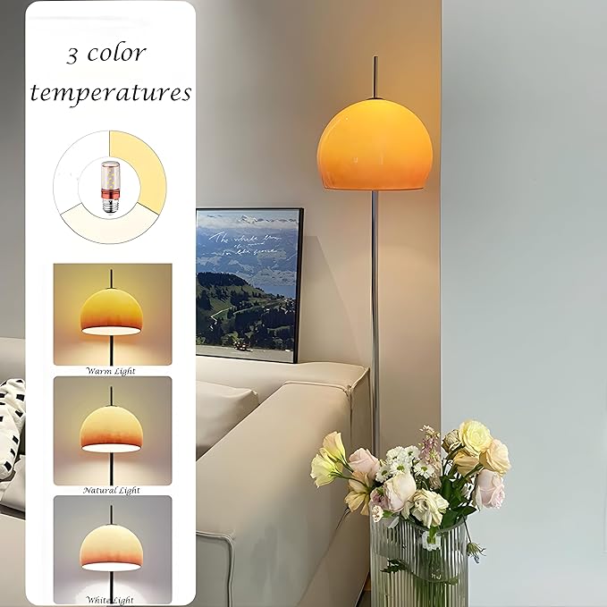 Bofea-Mid Century Modern Floor Lamps for Living Room,Mushroom Floor Lamp with Orange Glass Shade,Dimmable Reading Lamp,Ambiance Lighting,Orange Tall Lamps for Living Room Corner,Bedroom Home Decor