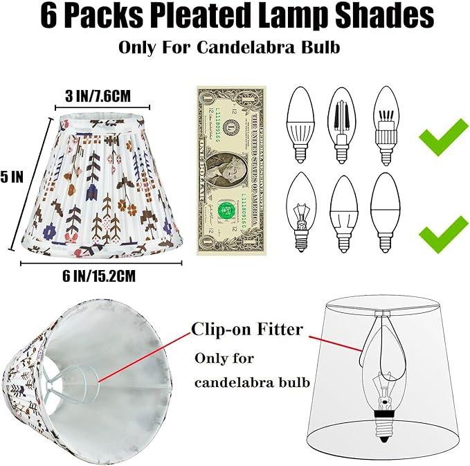 Chandelier Shades Set of 6,Mini Lamp Shade 3" Top x 6" Bottom x5" Slant,Small Lamp Shades Clip On Bulb,Pleated Chandelier Lamp Shades,Fabric Lampshades That Attach to The Bulb(White Floral)