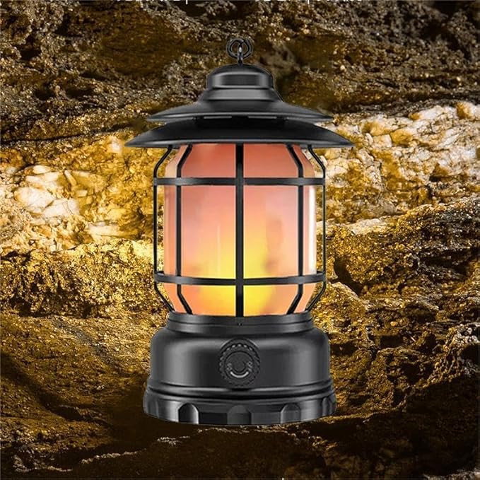2PACK Rechargeable Camping Lantern, Flame Decorative Table Lamp, 2 Modes LED Light with Hook,Dimmable Vintage Style,Portable Waterproof Camping Light for Indoor/Outdoor Use