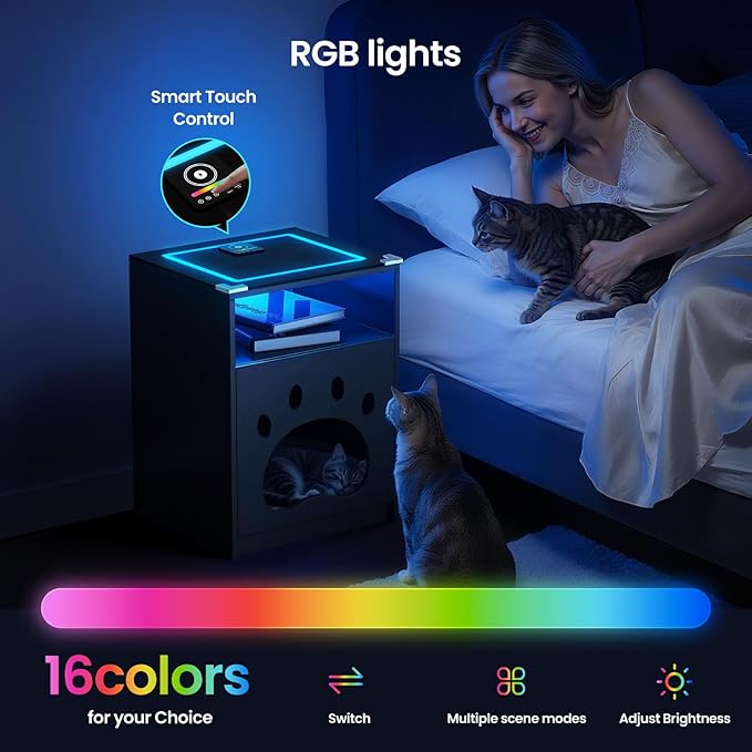 Night Stand with Charging Station and LED Lights Smart Bedside Table Adjustable RBG Lighting Decorative Cat Door Modern Nightstand Glass Tabletop Wood End Tables for Bedroom,Office