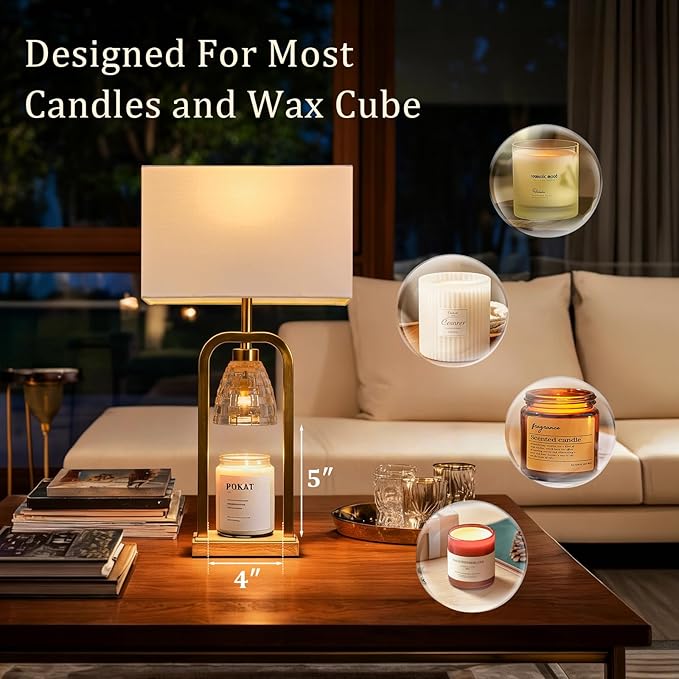 PoKat Electric Candle Warmer Lamp Gold, Lamp Candle Warmer with Timer Dimmer, Wax Light Warming Table Lamp for Jar Candles, Modern Bedside Lamp for House Warming Home Decor Living Room, Bulb Included