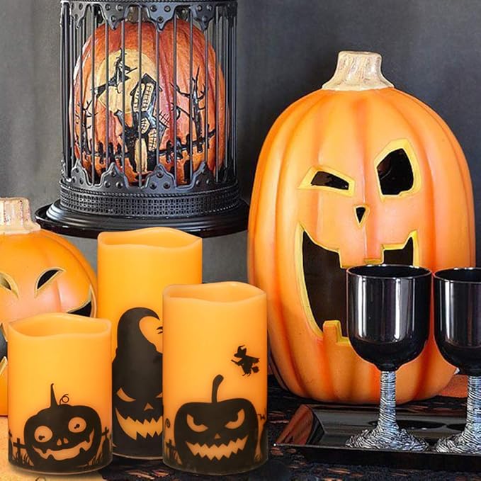 DRomance Pumpkin Flameless Candles Battery Operated with 6 Hour Timer, Set of 3 Real Wax LED Flickering Pillar Candles Spooky Halloween Decor Candle(3 x 4, 5, 6 Inches)
