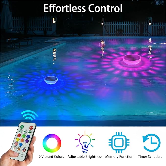 Solar Floating Pool Lights, 9 Fixed Colors ＆ 3 Dynamic RGB Color Changing, IP68 Waterproof LED Solar Pool Lights with Remote Control for Pool Fountain Garden Ponds Decor (2 Pack)
