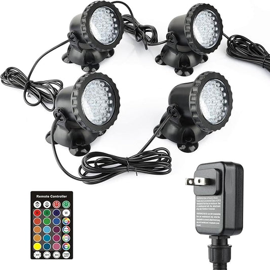 RGB Pond Light, Color Changing Fountain Lights Submersible Pond Lights, IP68 Waterproof Multi-Color Dimmable Used for Yard Spotlights Fish Pond Decoration (4 Lights)